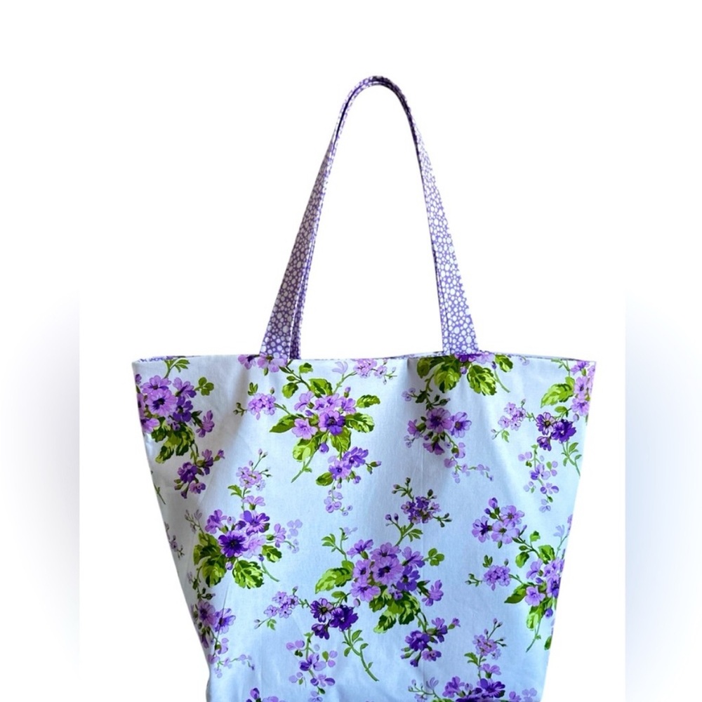 Handmade Floral Tote Bag Purple Fabric All Purpose Market Shoulder Purse - Picture 5 of 7